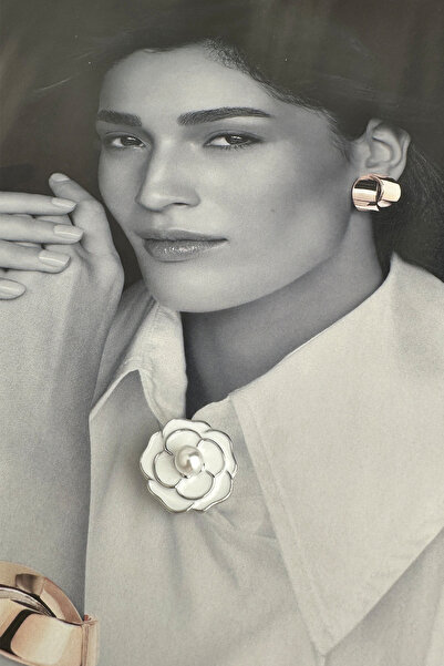 Modex Mineli İnci Detay Gül Desenli Gömlek Ve Kol Düğmesi Broş (2cm)