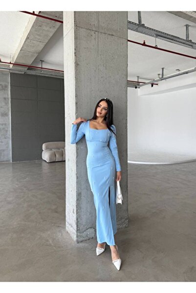 maf collection Rochie de seară pentru femei, albastru bebeluș, cu detalii perle, lungime maxi, rochie de absolvire