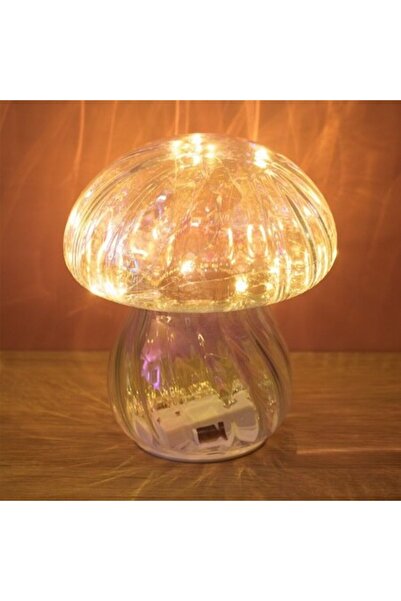 SHOPIENS Lampă de masă LED în formă de ciupercă, sticlă transparentă iridescentă cu buton Ø14x16cm
