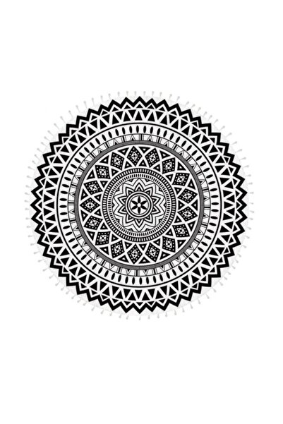 SHOPIENS Round White Beach Towel Shopiens® with Black Mandala Design, Quick Dry, 150 cm