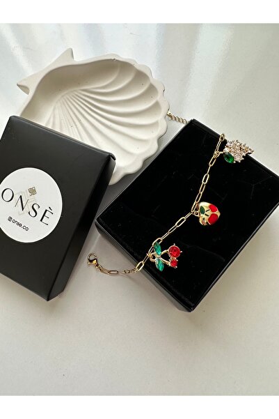 onse Gold Kiraz Charmlı Paslanmaz Çelik Zincir Bileklik