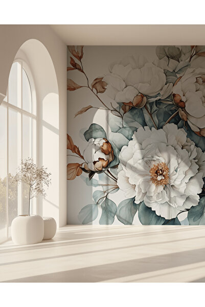 EZwallpaper Beyaz Çiçekli Büyük Desenli Duvar Kağıdı
