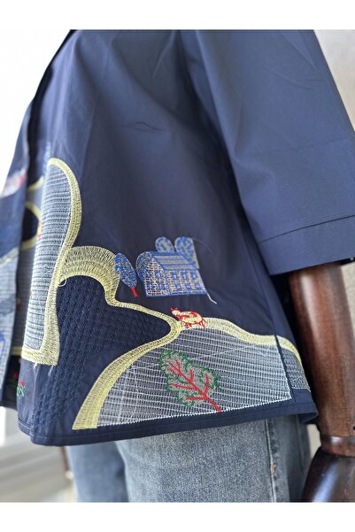 BEYZA ŞENİL BUTİK Вишита сорочка з віскози - темно-синя