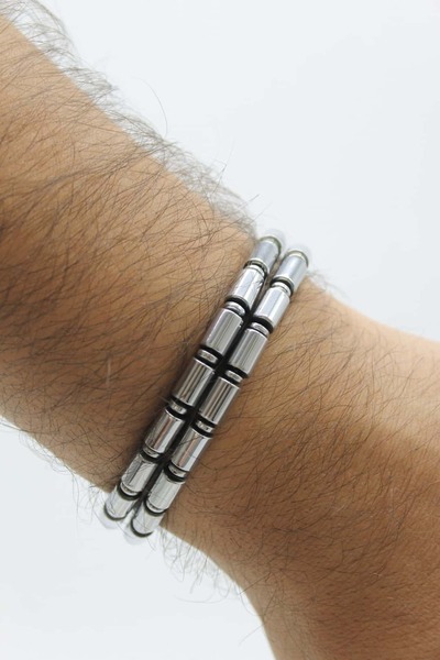 Nenya Steel Lock Double Look Tube Hematite Natural Stone Men's Bracelet