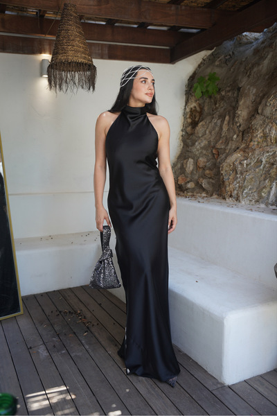 Tavie Drapeli Halter Yaka Saten Maxi Elbise