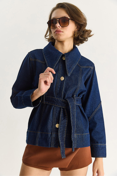Bianco Lucci Kadın Sivri Yaka Kuşaklı Dikiş Detaylı Denim Ceket 5253 60283533