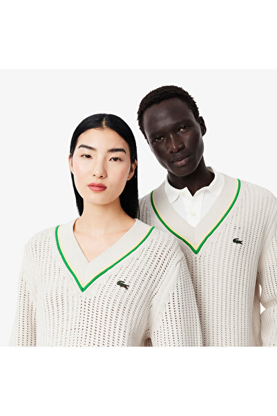 Lacoste Unisex Classic Fit V Yaka Krem Kazak
