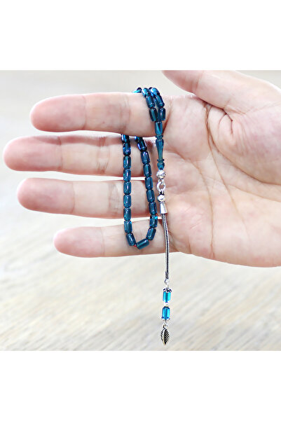 Tesbihane Ateş Kehribar Tesbih - 925 Ayar Gümüş Zincir Püsküllü - Bilek Boy - Mavi Renk - Kapsül Kesim