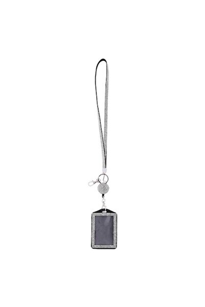 SHOPIENS Ecuson Legitimatie cu Snur Negru si Strass Argintiu, 7.8x5 cm, Elega...