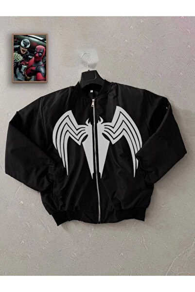 Hulyomer Hub Venom Spider Patterned Men's Jacket – Black Bomber Jacket, Zippered, Sleeve Zipper Pocket Detail, Casual