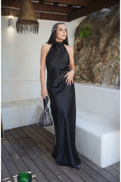 Tavie Drapeli Halter Yaka Saten Maxi Elbise