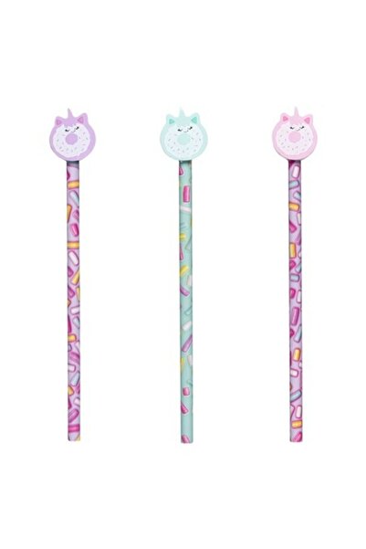 SHOPIENS Set 3 Pencils with Eraser Unicorn Figures and Donut Models, Pastel Colors