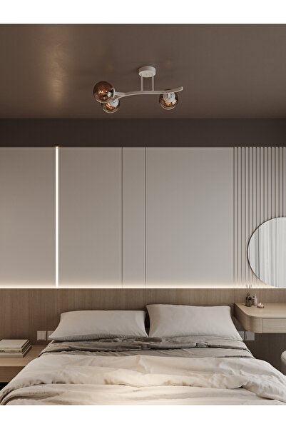 avizade NORİA Beyaz Metal Gövdeli 3’lü Bal Rengi Cam Küre Avize | Kavisli Tav...