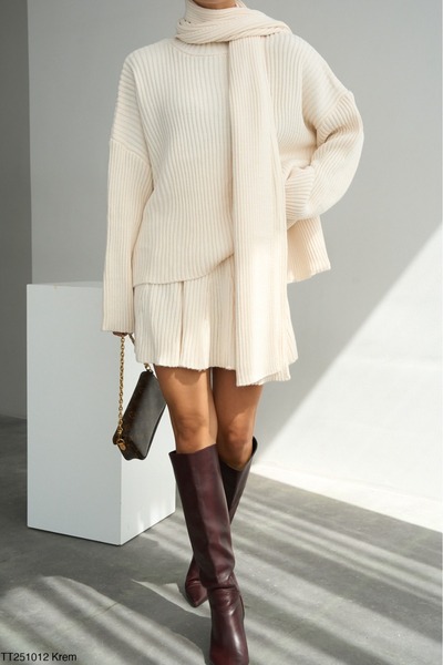 CADDELAMODA Women's Half Turtleneck Sweater with Shawl Accessories Pleated Skirt Knitwear Set