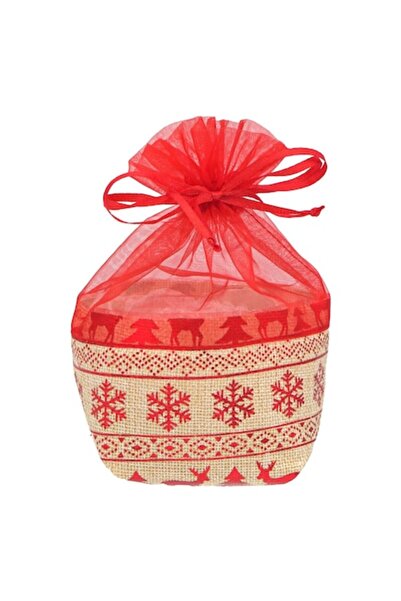 SHOPIENS Saculet pentru cadou de Craciun Shopiens®, din panza de iuta bej, cu modele din folie rosie, 16 x 8