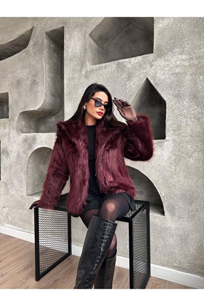 maf collection Women's Burgundy Lined Shawl Collar Snap Button Fur Coat