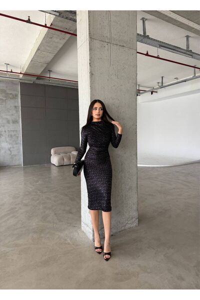 maf collection Kadın Siyah Kadife Pullu Abiye Mezuniyet Elbisesi