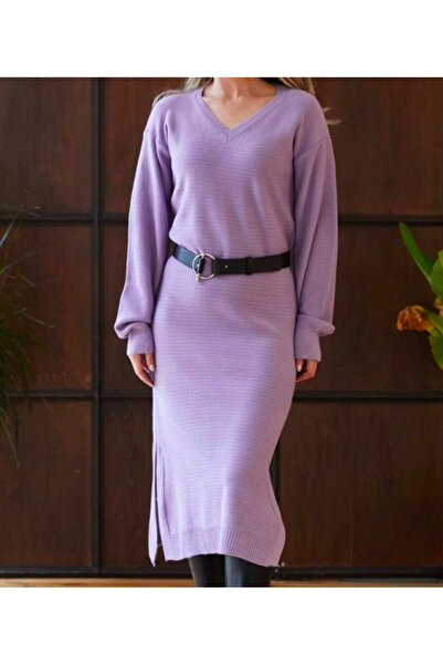 PELMA MODA Lila renk yırtmaç detaylı triko elbise