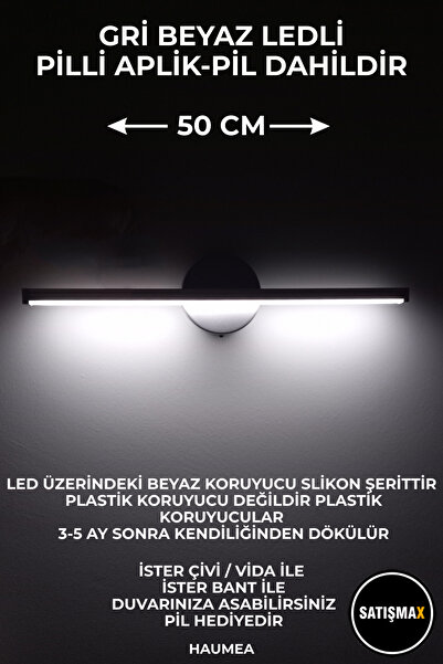 SatışMax Modern Kablosuz Tak Çalıştır Ledli Pilli Aplik Banyo Tablo Ayna Aydınlatma Gri (50 CM) Pil Dahildir