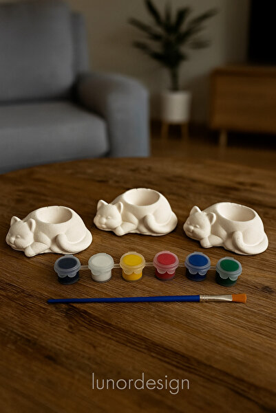 Lunora Design Taş Tozu Kedi Şeklinde Boyama Seti – 3’lü Figür, 6 Renk Boya ve Fırça Dahil