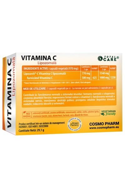 Cosmo Pharm Vitamina C lipozomală Liposovit-C – Până la 1000 mg zilnic