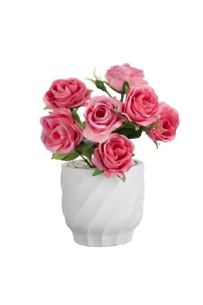 SHOPIENS Ghiveci decorativ din ciment cu trandafir roz artificial Ø11x22cm