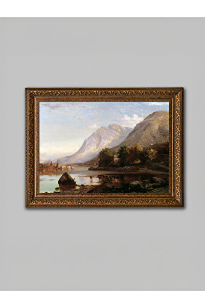 WoodyArts Tablou cu peisaj de munte și lac – cadru antic maro