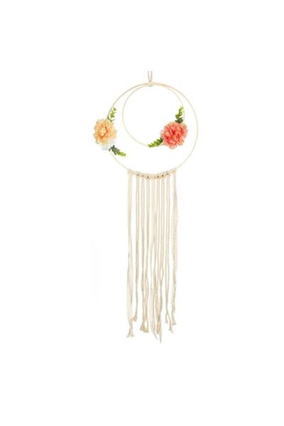 SHOPIENS Decorațiune de perete Macrame rotundă bej cu flori roșii 31 x 82 cm