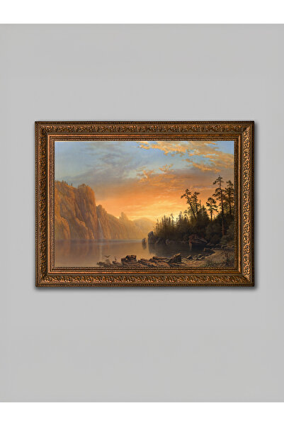 WoodyArts Tablou cu peisaj la apus de soare – cadru antic maro