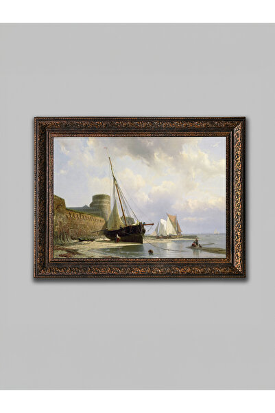 WoodyArts Pictură cu peisaj de navigație și port – cadru antic din bronz