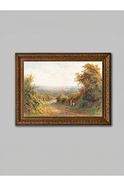 WoodyArts Pictură peisajistică cu drumuri de la camp și mulină de oaie – cadru antic maro