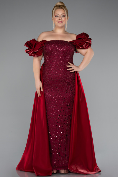 Abiyefon Bordo Kayık Yaka Uzun Boncuklu Büyük Beden Abiye ABU5155