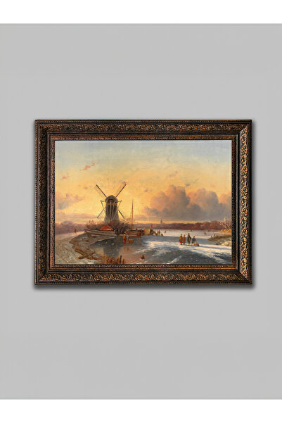 WoodyArts Pictură cu peisaj de iarnă cu moara de vânt – cadru antic din bronz