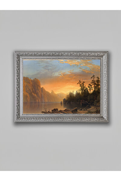 WoodyArts Tablou cu peisaj la apus de soare – cadru gri antic