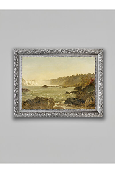 WoodyArts Pictură cu peisaj de cascadă și râu – cadru gri antic