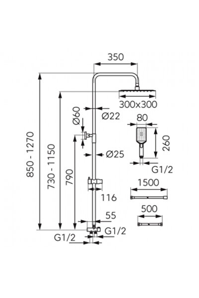 FERRO Coloana de dus cu cap fix patrat 30x30 Wizard Square Negru si Bateria perete cada-dus Ritto Black