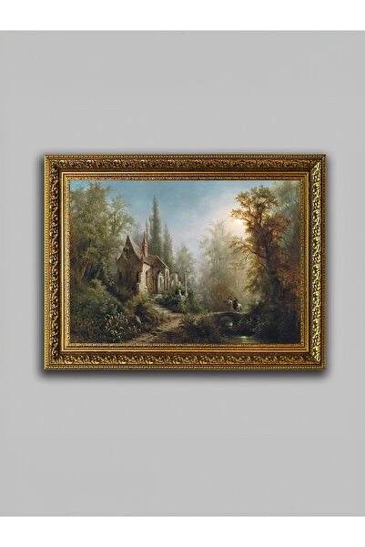 WoodyArts Tablou cu peisajul capelii din pădure și a podului de piatră – cadru antic auriu