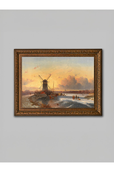 WoodyArts Pictură cu peisaj de iarnă cu moara de vânt – cadru antic maro