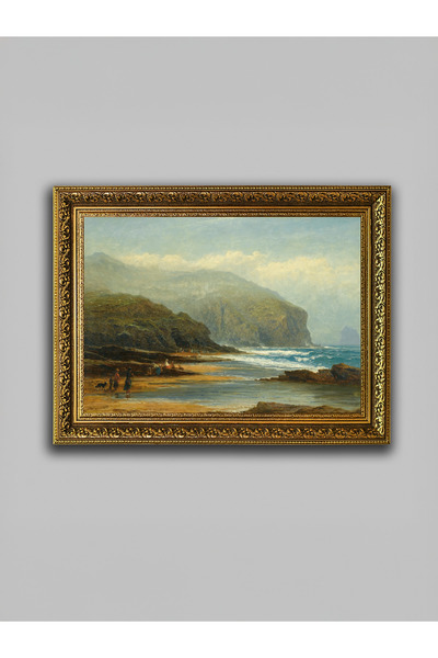 WoodyArts Tablou cu peisajul de la malul mării – Cadru auriu antic