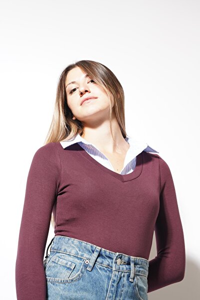 Pafi Moda بلوزة مينالي بتفاصيل قميصية باللون العنابي