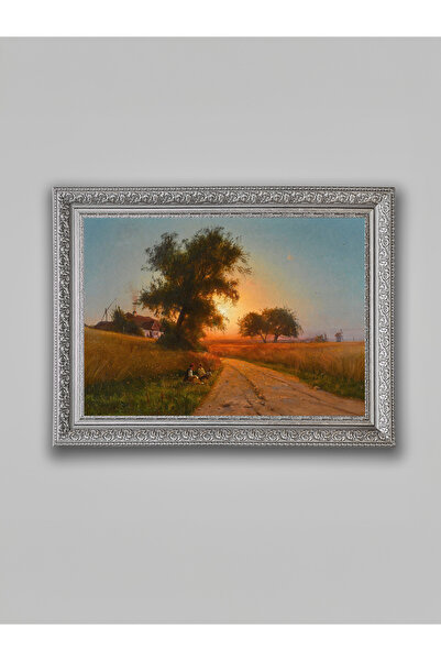 WoodyArts Tablou cu peisaj rural la apus de soare – cadru gri antic