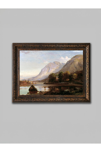 WoodyArts Tablou cu peisaj de munte și lac – cadru antic din bronz