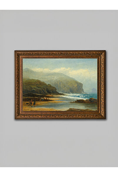 WoodyArts Tablou cu peisajul de la malul mării – cadru antic maro