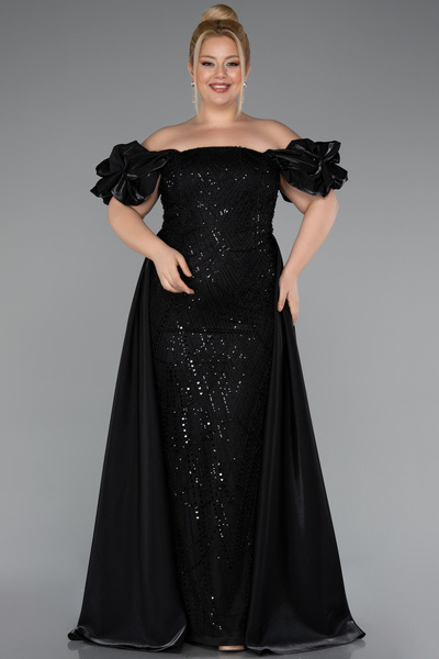 Abiyefon Siyah Kayık Yaka Uzun Boncuklu Büyük Beden Abiye ABU5155