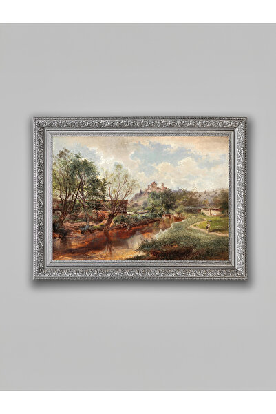 WoodyArts Pictură cu peisaj de pârâu și sat – Cadru gri antic