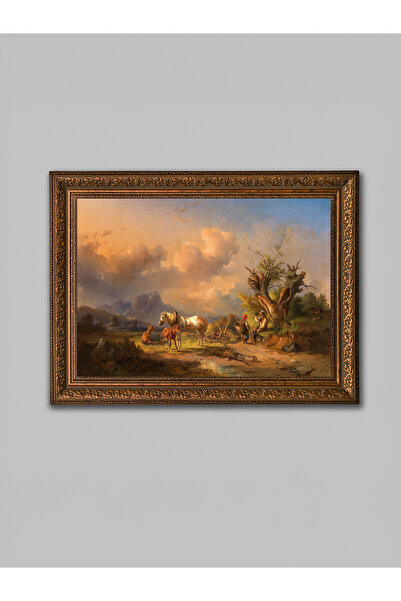 WoodyArts Pictură peisaj rural cu cai – cadru antic maro