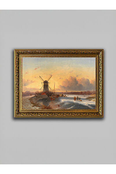 WoodyArts Pictură cu peisaj de iarnă cu moara de vânt – cadru auriu antic