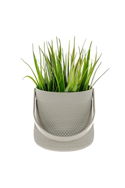 SHOPIENS Ghiveci decorativ din plastic bej cu mâner și iarbă verde, Shopiens®...