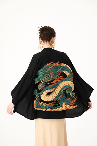 haori Dragon Desenli Siyah Kimono Ceket