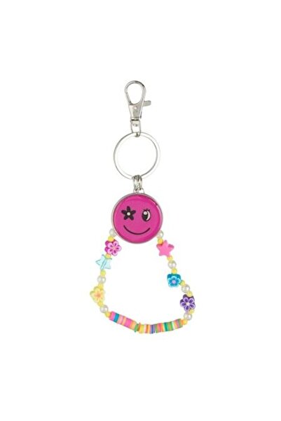 SHOPIENS Breloc Emoji pentru copii - Fuchsia cu mărgele Fimo multicolore, clemă și inel metalic, 18 cm 3+ ani